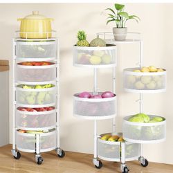 SAYZH Fruit Vegetable Basket for Kitchen, Rotating Storage Rack, 5 Tier Rolling Cart with top lid, Large Metal Wire Wheels (White)