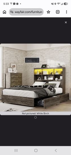 Birch White King Size Wooden Storage Bed Frame With LED Bookcase Headboard
