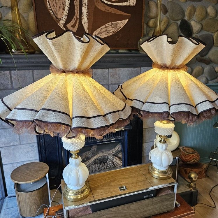 Vintage Pair of White Milk Glass Hobnail Lamps with Ruffled Shades