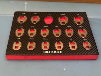 BILITools 17-piece 3/8-inch drive crowfoot wrench set in a carbon fiber pattern foam organizer.