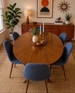 Mid-Century Modern Dining Set – Oval Wood Table & 6 Upholstered Chairs