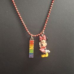 Disney Minnie Mouse Figure Necklace & Minnie Pendant On 18" Metal Red Bead Chain