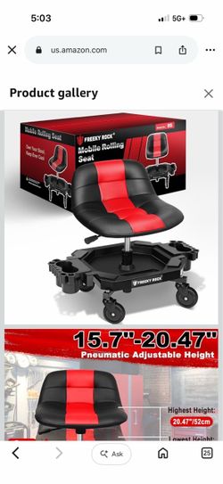 Rolling Stool with Wheels, Adjustable Height Pneumatic Garage Work Mechanic Stool Seat with Backrest, 400 LBS Capacity 360° Swivel Mechanic Crepper Ch