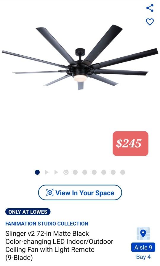 Fanimation Slinger v2 72" Matte Black Color Changing LED Indoor/Outdoor Fan w/light Remote (9-Blade)