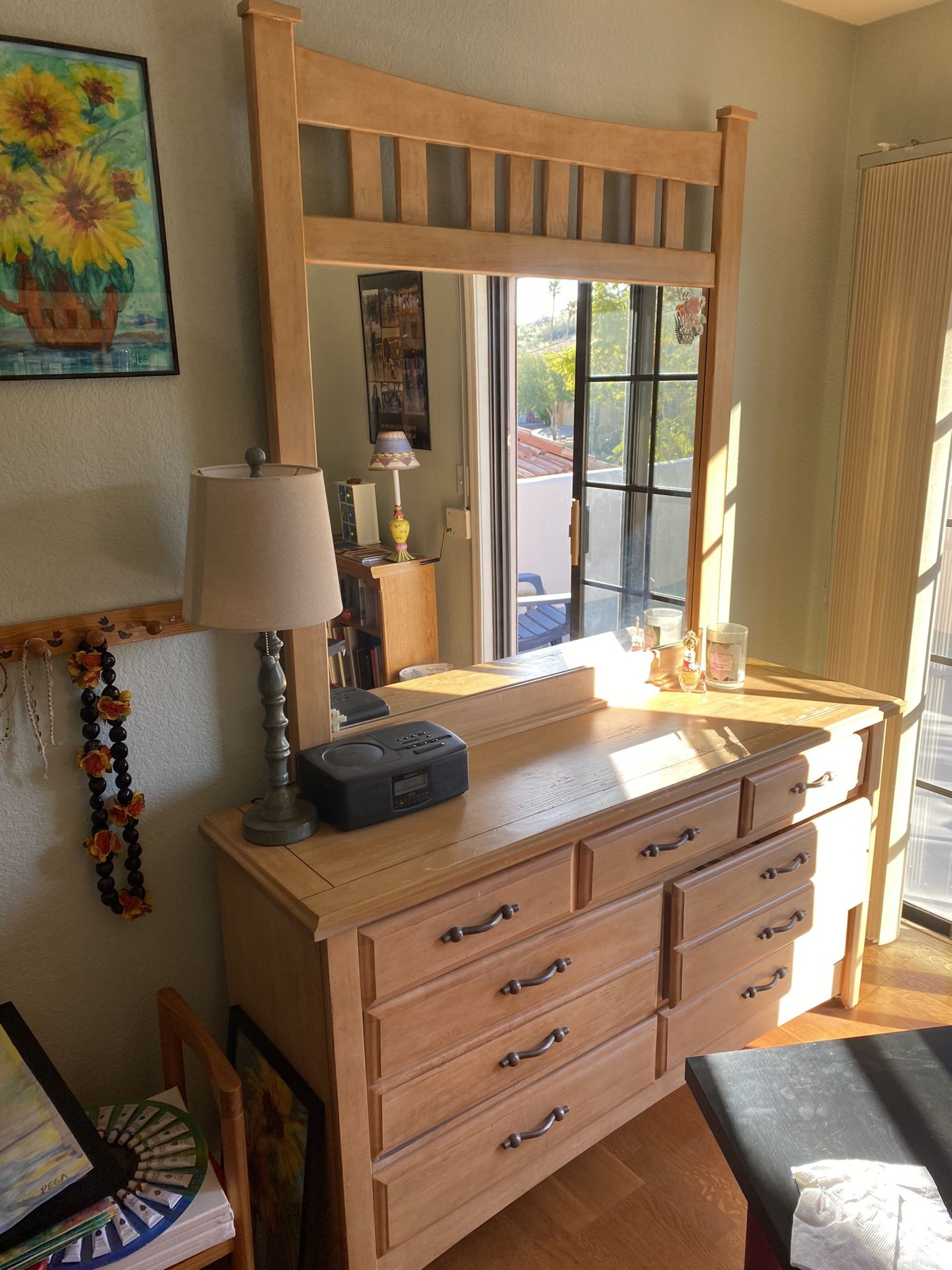 Dresser With Mirror And Headboard To Match - Also Solid Oak Desk With Hutch and Solid Oak Clock