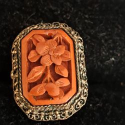 Vintage Chinese Export Brass, Filigree, Carved Cinnabar Adjustable Ring