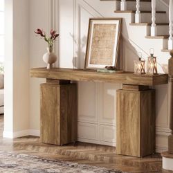 63-Inch Long Farmhouse Entryway Table Behind Couch, Wooden Foyer Stand Entry Station Natural Wood Finish