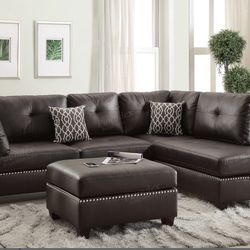 Brown Faux Leather Sectional With Ottoman (Free Delivery)