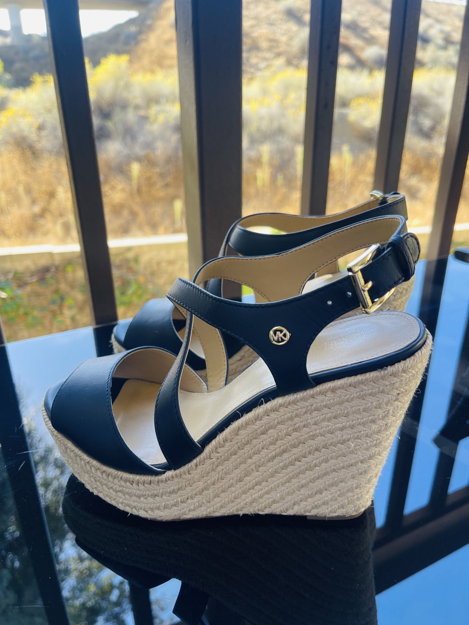Michael Kors Martyna Navy Leather Wedge Heeled Sandal