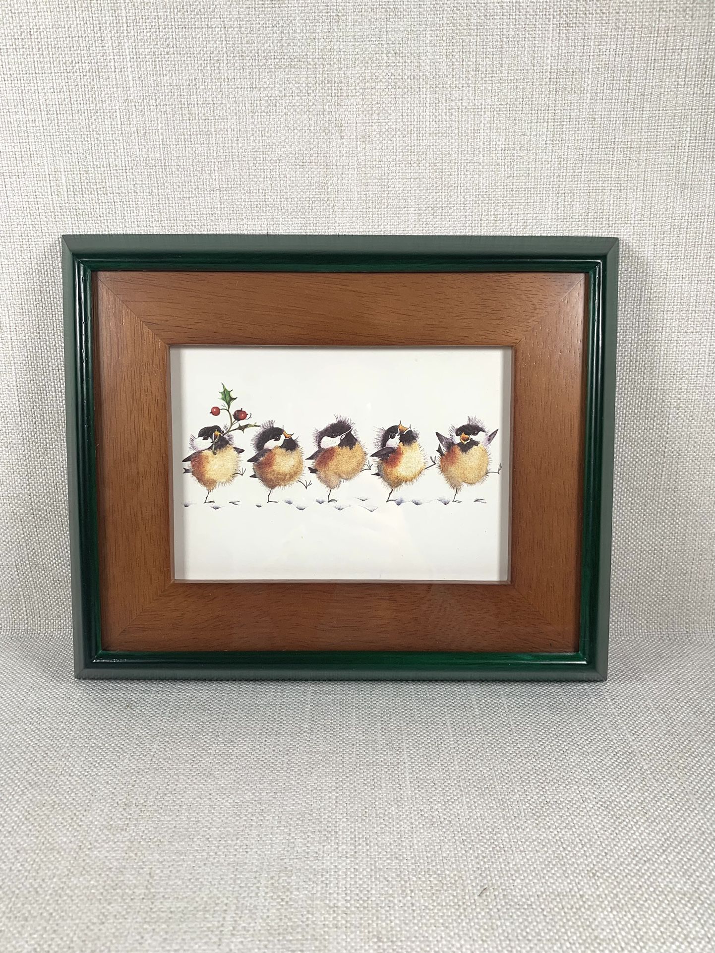 Wooden  Farmhouse Green/Walnut Picture Frame with Singing Birds Chicks. 