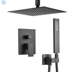 AKLFGN 10 in. Square High Pressure Shower Head with Brass Valve and Handheld Shower, Matte Black