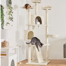 79" Multilevel Cat Tree Condo with Basket & Scratching Posts & Ramp, Beige