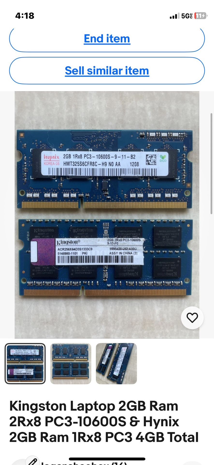 Kingston And Hynix Computer RAM 4gb Total