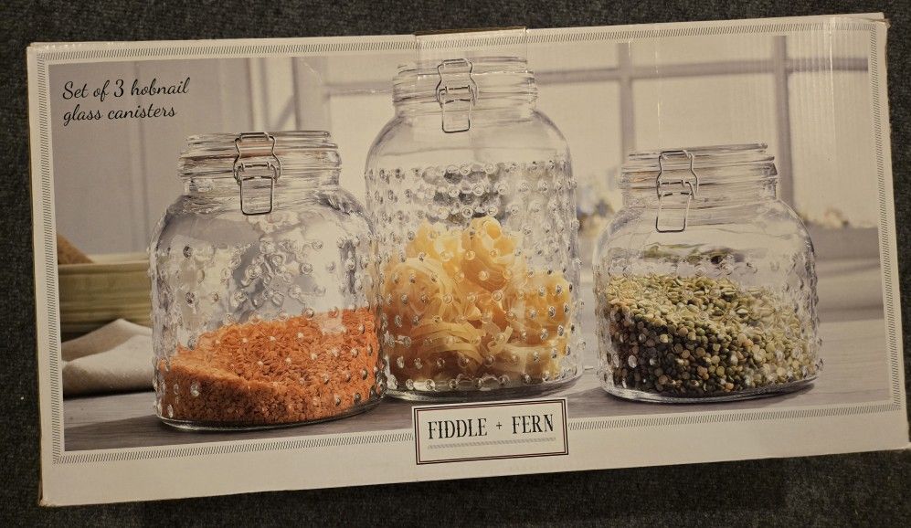 📦✨ Brand New Set of 3 Hobnail Glass Canisters – Never Used! ✨📦