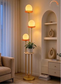 3-Globe Gold Floor Lamp Dimmable with Red Glass Tray Tall Lamp