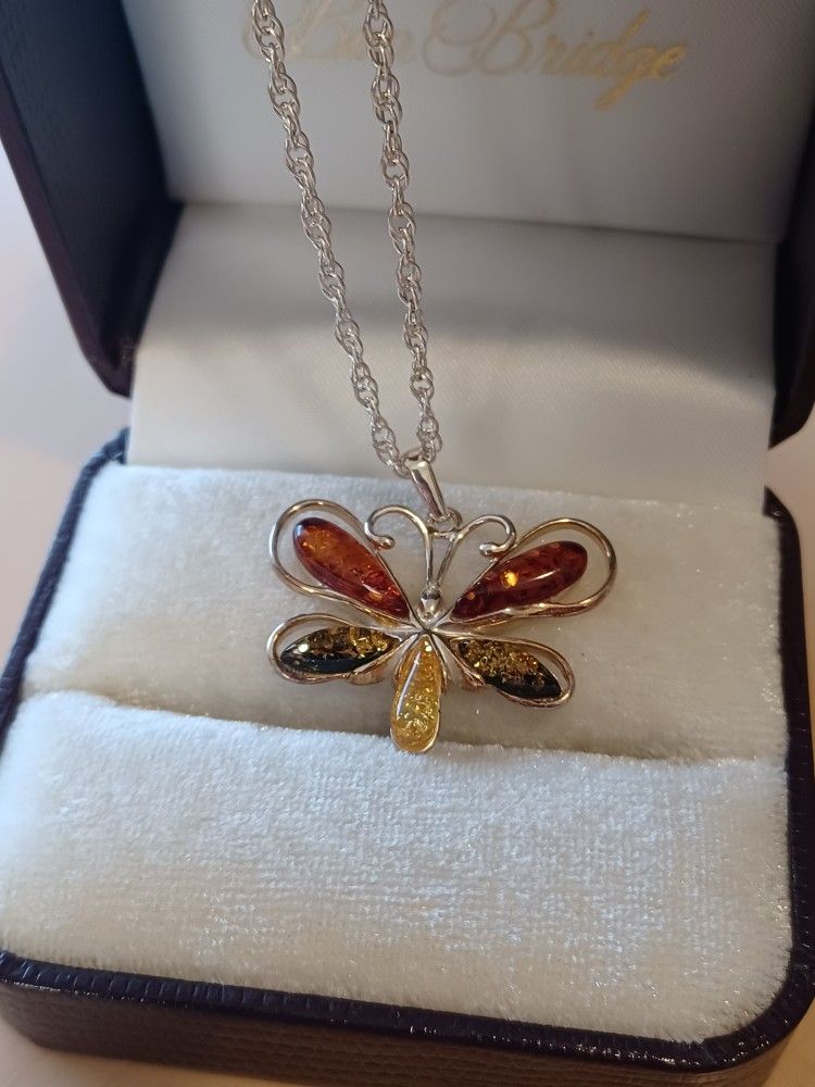 Sterling Silver Baltic Amber Butterfly Necklace