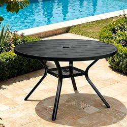 K442 $70  41 Inch Round Outdoor Table for 4, All-Weather Powder-Coated Metal Outdoor Dining Table with Umbrella Hole &Storage Shelf, Heavy Duty Black 