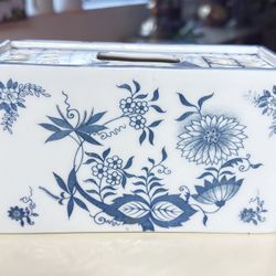 Vintage 6” Porcelain Blue Onion Danube Flower Frog Brick Vase