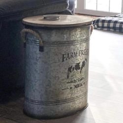 Metal Side Table/ Storage Bin With A Wooden Lid & Rope Handles