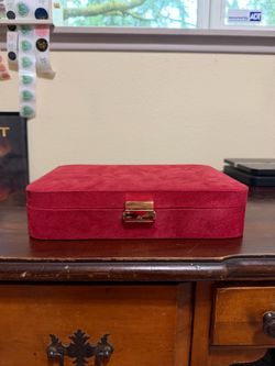 Vintage Red Jewelry Flat Box With Key & Inside Mirror