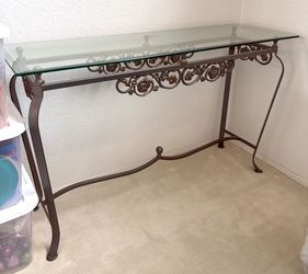 Entry Table / CUSTOM MADE Entry Table Rose Powder Coated Iron With Beveled Glass Top / Sofa Table
