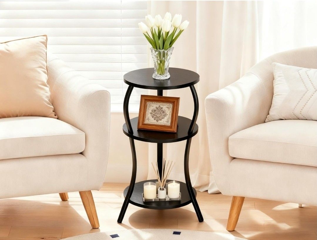 Vintage Small Round Side Table, 3-Tier Slim Waist Circular End Table with Storage Shelf