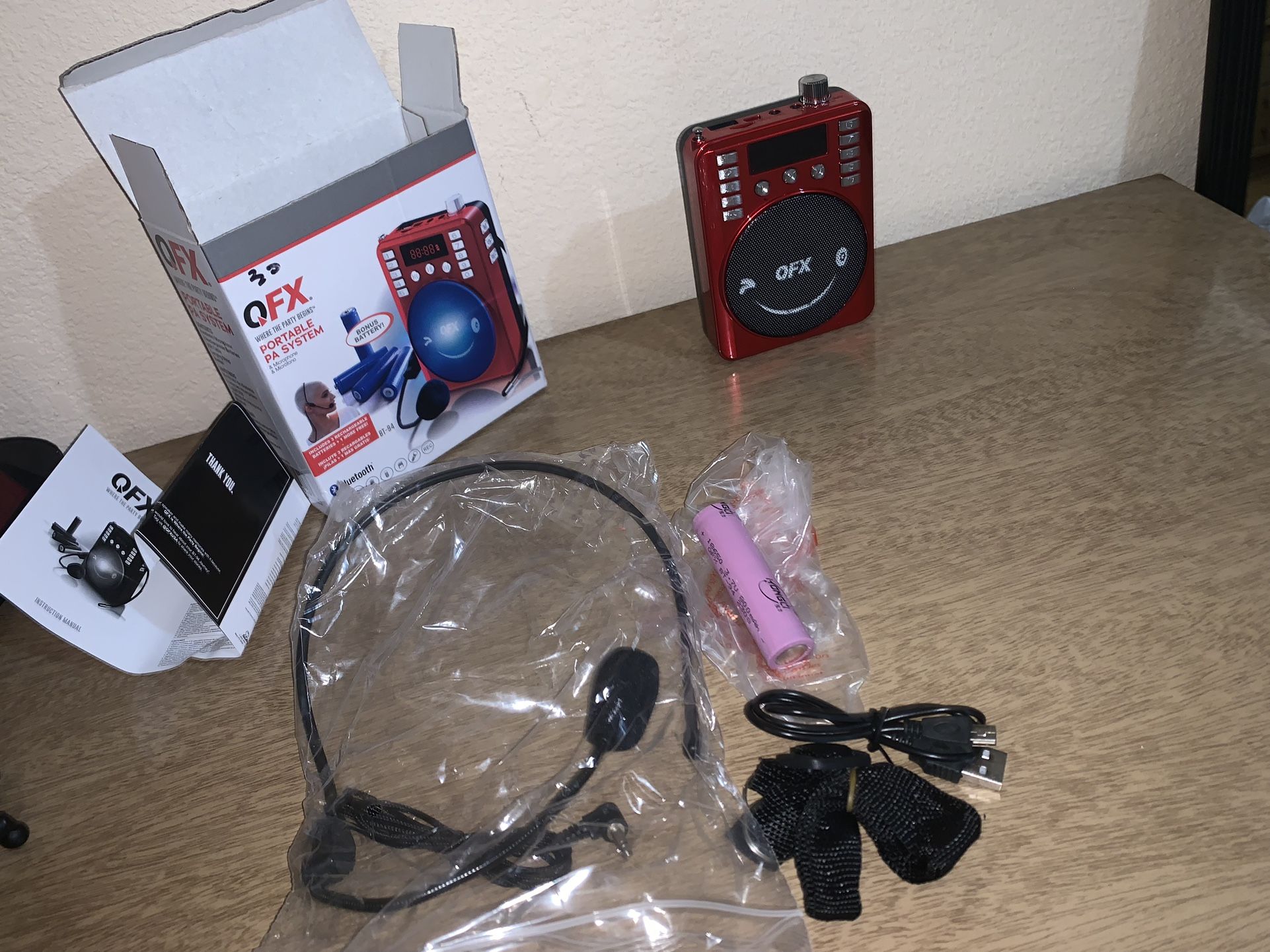 New QFX BT-94 3" Rechargeable PA Speaker System +USB/SD/FM/LED + Headworn Mic