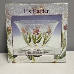 Crackled Glass Bowl, Iris Garden Flowers, 10”, New