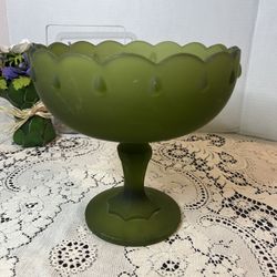 Vintage Green Satin Glass Pedestal Bowl