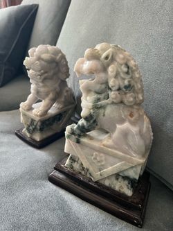 Vintage Chinese Carved soapstone Lion Foo Dog statues on wood base
