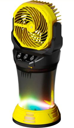 Camping Fan with RGB Ambient Light with 2L Bucket, Battery Indicator, 120° Auto Oscillating, Timing Function, Grip Handle(Yellow)