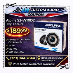 Alpine S Series Bass Speaker 10" Dual Voice Coil Subwoofer 2-Ohm 1800 Watts S2-W10D2 🚨 Payment Options Available 🚨 No Credit Needed 🚨 