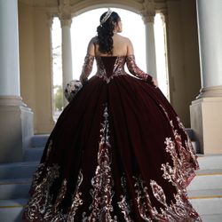 Quinceniera Velvet Burgundy And Gold Dress