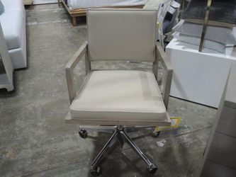 Taupe Leather Swivel Office Chair with Wood Arms