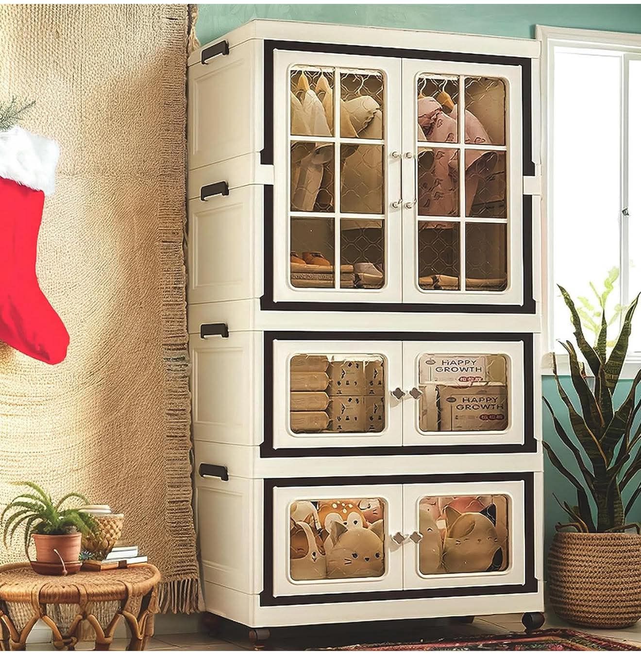 4 Tier Storage Bins with Lids, Stackable Closet Organizers with Wheels, T-3