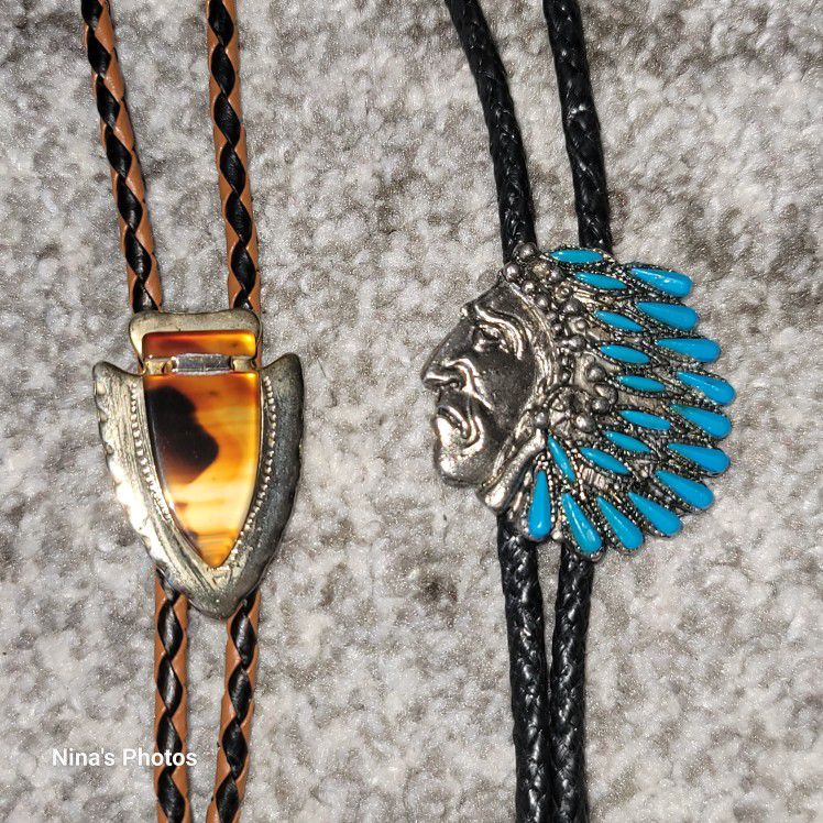 2 Vintage Indian Chief Head Arrowhead Native American Bolo Tie Bundle Lot 