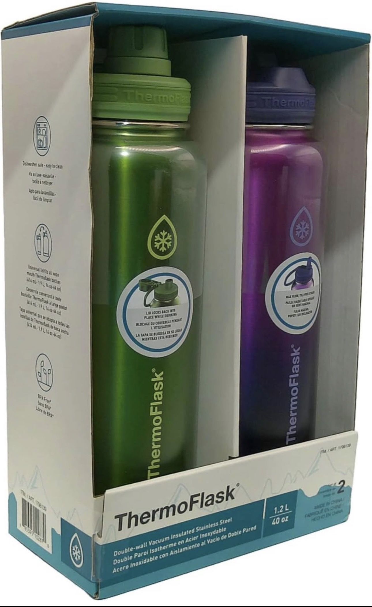 ThermoFlask 40 oz Bottle with Spout and Straw Lid - Stainless Steel, Double-Wall Insulation & BPA-Free - Leakproof, Resuable - Forest Green/Purple Sun