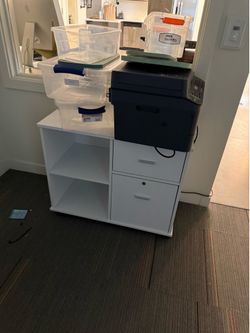 White Storage Cabinet w/ 2 Drawers + Open Shelving