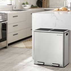 Trash Can, 2 x 8 Gallon (2 x 30 L) Garbage Can for Kitchen, with 15 Trash Bags, 2 Compartments, Plastic Inner Buckets and Hinged Lids, Airtight, Silve