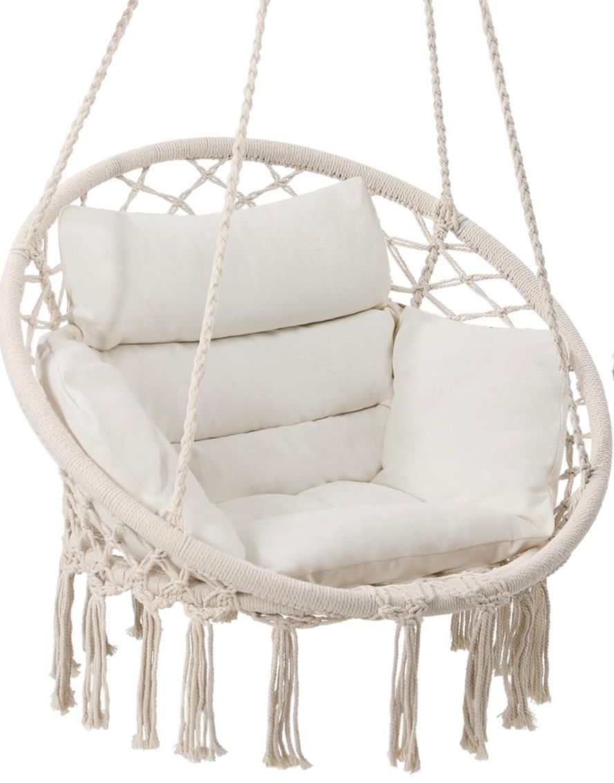 Macrame Hammock Hanging Swinging Chair with Medium Cushion, Beige
