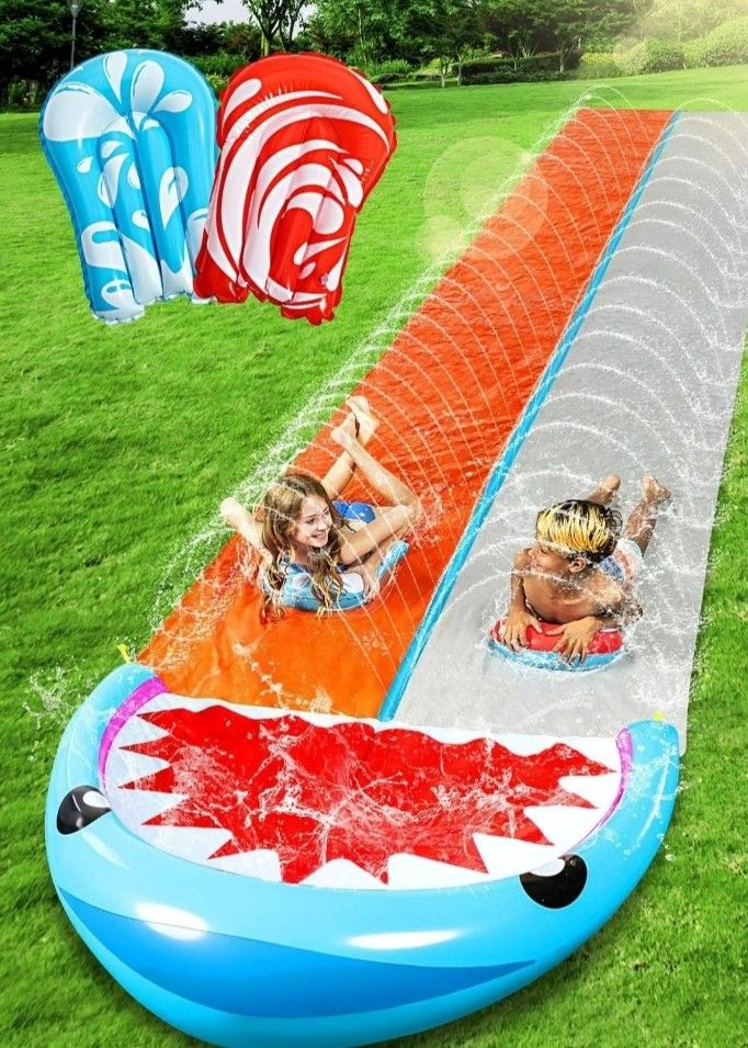 SLOOSH Water Slides with 2 Inflatable Boards,22.5ft Double Lane Lawn Water Splash Slip and Slide, Shark