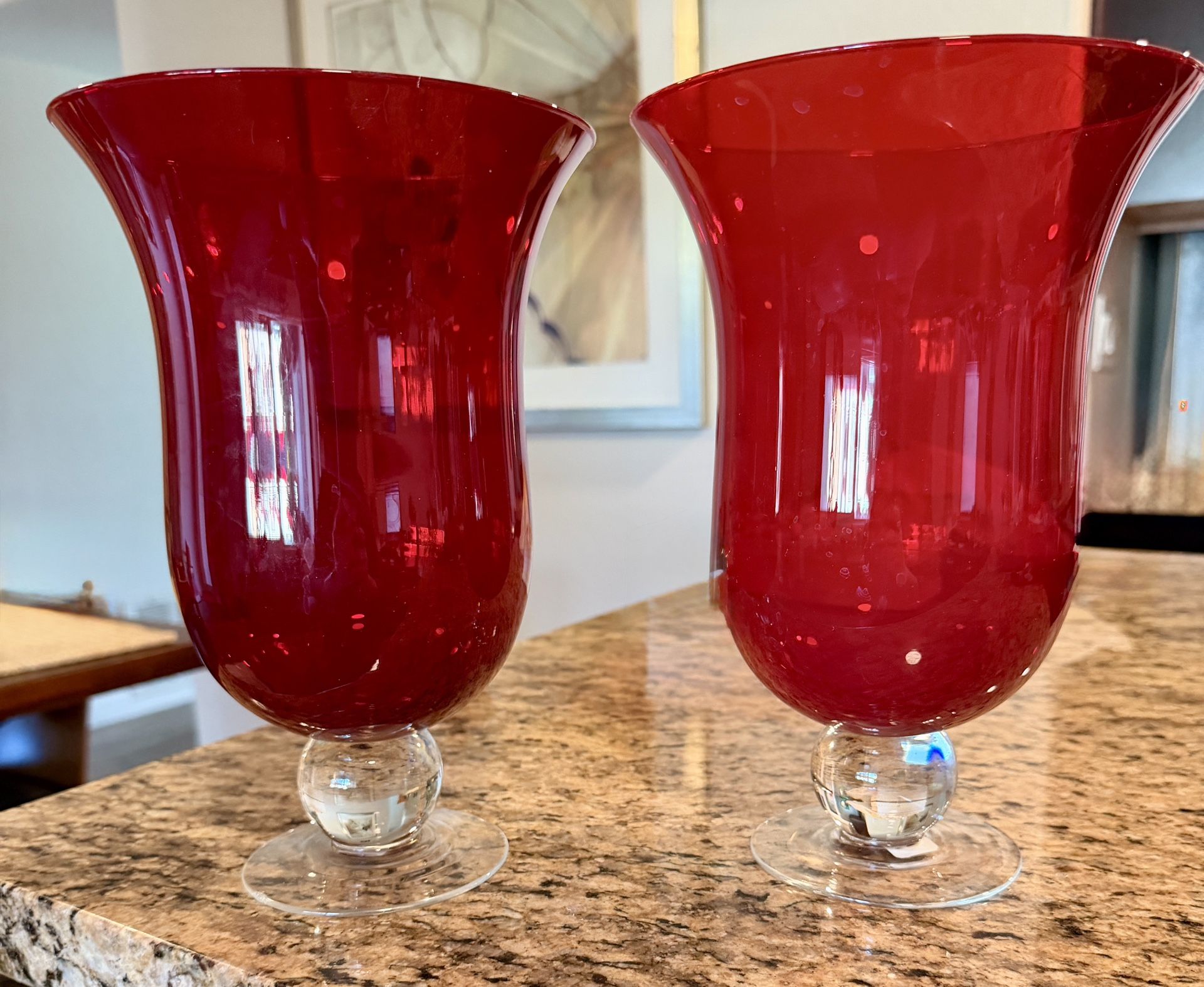 2 - 10” Tall Ruby Red Glass Hurricane Candle Holders