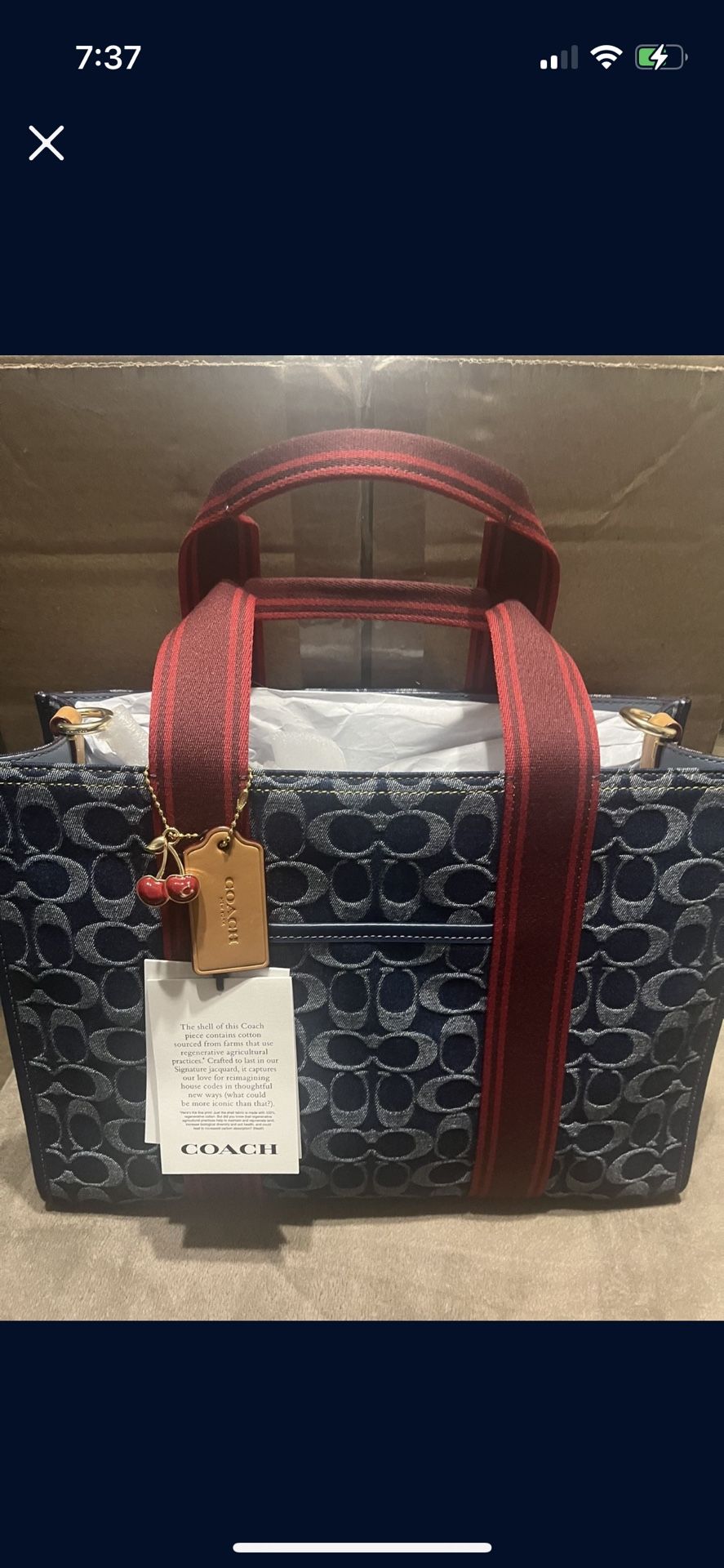 Coach Denim Handbag Red Handles New W/Tags