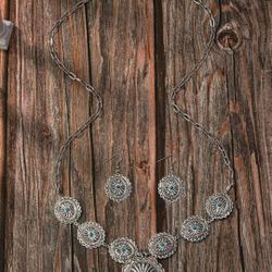 Vintage Antique Silver Western Concho Necklace Earring Set for Women