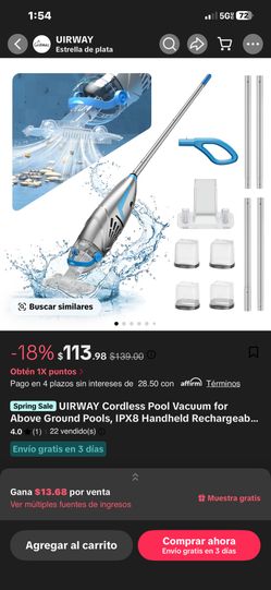 UIRWAY Cordless Pool Vacuum for Above Ground Pools, IPX8 Handheld Rechargeab...