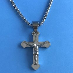 Mens Stainless Steel Cross/Crucifix Pendant on 24” Round Box Chain *Pickup Boca Raton 