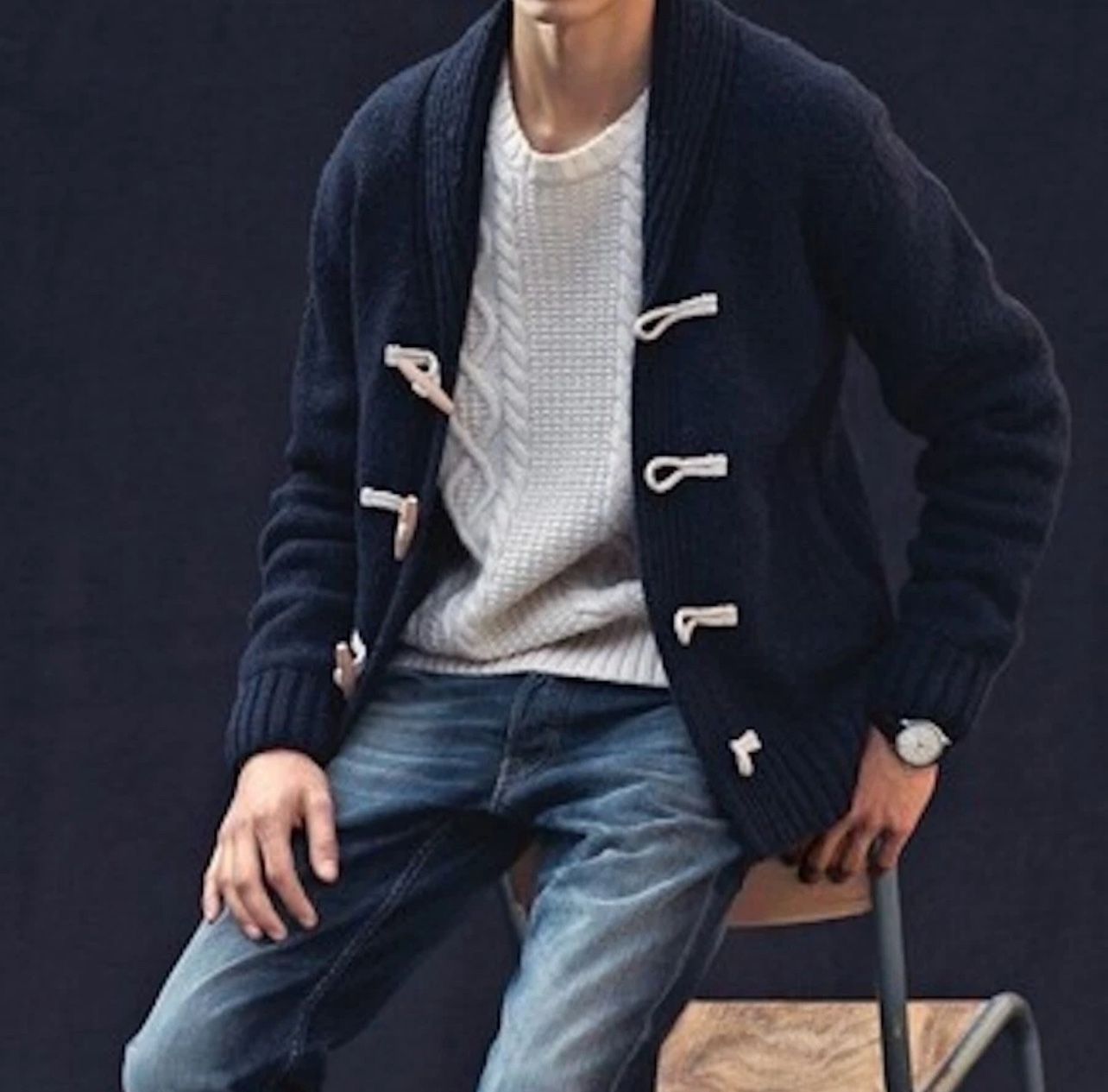 Zara Man - Wool Blend Full Zip Toggle Hoodie in Navy, size L - EUC