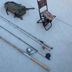 4- Fishing Rods With 3 Vintage Reels One Backpack And One Fishing Camo Chair 