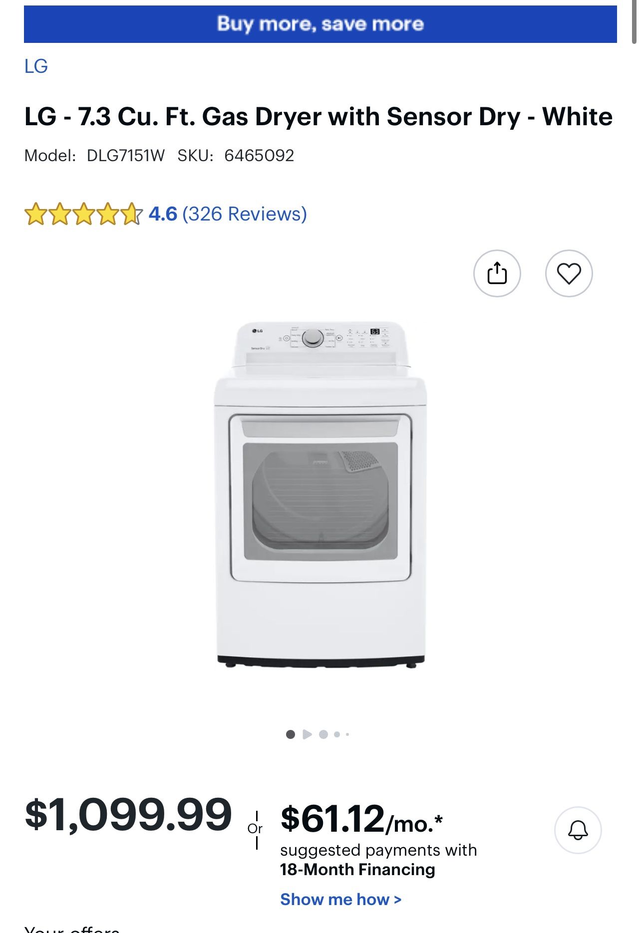 LG 7.3 Cu. Ft. Gas Dryer with Sensory Dry- white