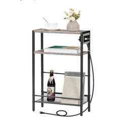 HOOBRO Small Narrow Side Table with Charging Station, Skinny End Table for Small Spaces, Slim Nightstand with USB Ports Outlet, Sofa Beside Table with